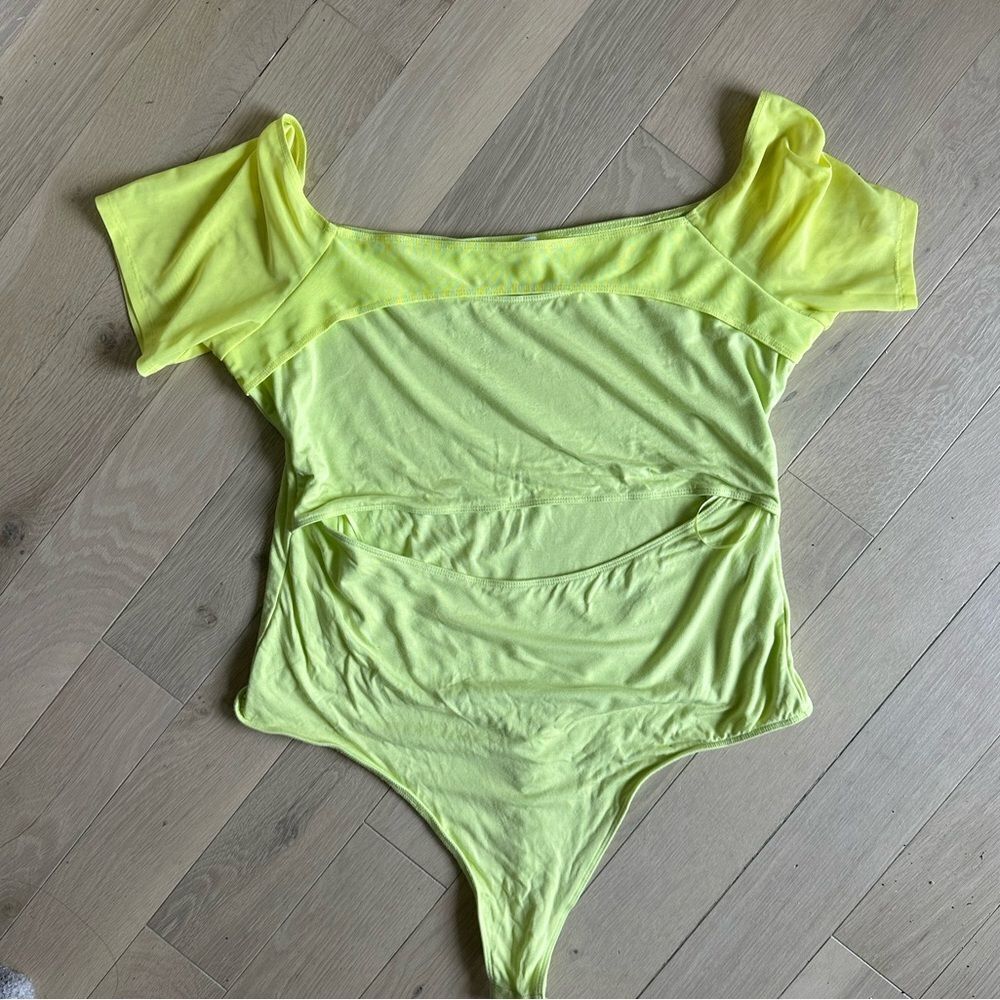 good american yellow mesh short sleeve bodysuit